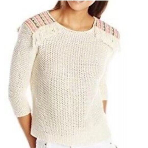 Billabong Sandy Kisses Sweater Sz L Women’s Cream Multicolor Embroidered Fringe - Picture 1 of 11